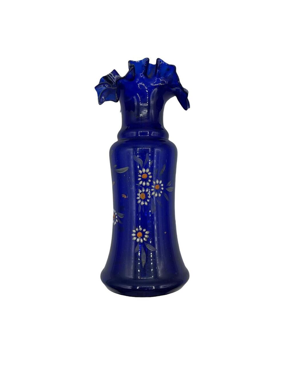Vintage Cobalt Blue Glass Vase: Hand-Painted Flowers, Ruffle Rim - Picture 3 of 9